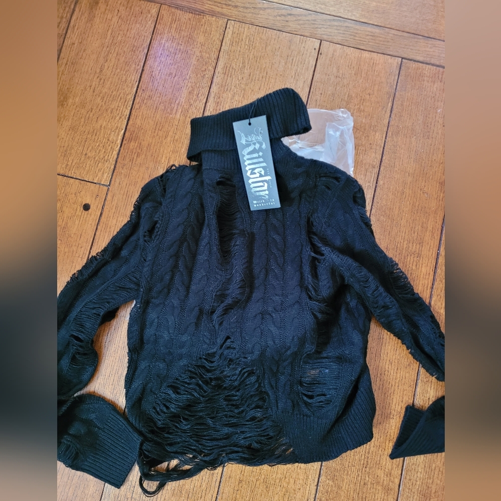 Black Distressed Turtleneck Cable-Knit Sweater - Picture 6 of 6